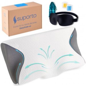 Set Perna Ortopedica Cervicala pentru dormit cu Extensii Gri + Masca de dormit Suporto 3D - recenzie perna ortopedica și accesorii pentru somn odihnitor
