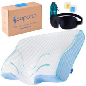 Set Perna Cervicala Anatomica si Ortopedica Albastra + Masca de dormit Suporto 3D cu saculet Verde Smarald — Recenzie Detaliată